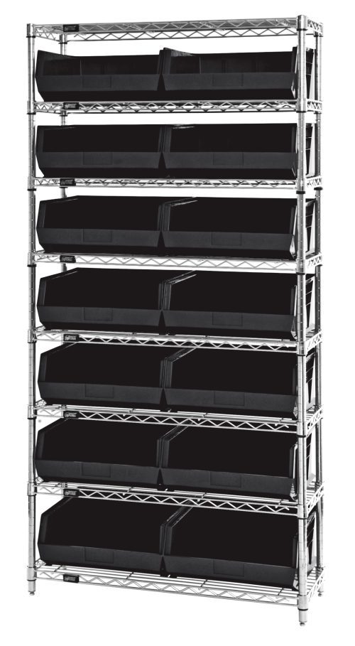 WR8-250_BK.jpg The Quantum Bin Wire Shelving System, 36W x 14D x 74H, features a chrome-plated finish with eight shelves that each support up to 800 lbs. It includes 14 QUS250 black bins neatly arranged on evenly spaced shelves.