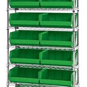 The Quantum Bin Wire Shelving System features a chrome-plated, tall frame measuring 36W x 14D x 74H with eight levels. It includes 14 QUS250 green bins designed for easy access and offers an 800 lbs load capacity per shelf—ideal for storage and organization.