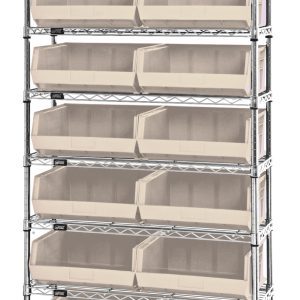 The Quantum Bin Wire Shelving System, featuring a chrome-plated finish, measures 36W x 14D x 74H and supports up to 800 lbs per shelf. It includes eight shelves and fourteen QUS250 ivory bins for organized home or office storage, blending functionality with style.
