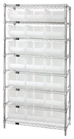 The Quantum Bin Wire Shelving System is a tall, chrome-plated unit measuring 36W X 18D X 74H, featuring eight shelves and twenty-one QUS255 clear bins. With an 800 lbs load capacity per shelf, its designed for efficient use and shipped KD for easy assembly.