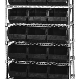 The Quantum Bin Wire Shelving System, measuring 36W x 18D x 74H, includes eight shelves with a chrome-plated finish and supports up to 800 lbs per shelf. It comes with 21 QUS255 black bins for organized storage.