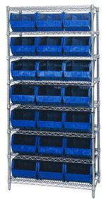 The Quantum Bin Wire Shelving System features a chrome-plated finish with eight shelves supporting 21 QUS255 blue bins. Each shelf can hold up to 800 lbs, and the unit measures 36W x 18D x 74H, offering a sturdy and industrial design.