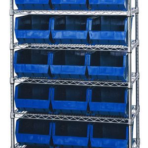 The Quantum Bin Wire Shelving System features a chrome-plated finish with eight shelves supporting 21 QUS255 blue bins. Each shelf can hold up to 800 lbs, and the unit measures 36W x 18D x 74H, offering a sturdy and industrial design.