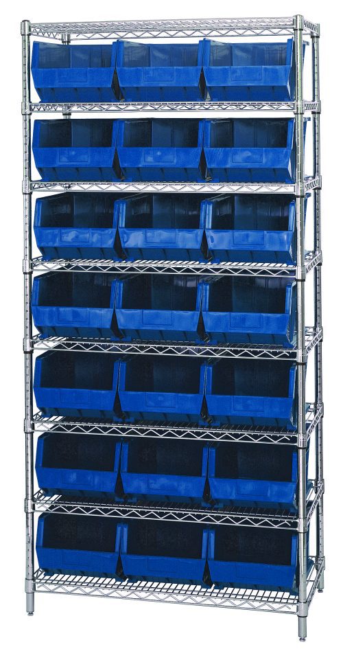 The Quantum Bin Wire Shelving System features a chrome-plated finish with eight shelves supporting 21 QUS255 blue bins. Each shelf can hold up to 800 lbs, and the unit measures 36W x 18D x 74H, offering a sturdy and industrial design.