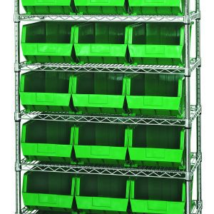 The versatile Quantum Bin Wire Shelving System, 36W x 18D x 74H, with eight chrome-plated shelves and 21 QUS255 green bins, offers an organized storage solution with an 800 lbs load capacity per shelf. Shipped KD for easy assembly.