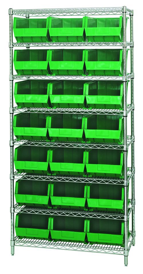 The versatile Quantum Bin Wire Shelving System, 36W x 18D x 74H, with eight chrome-plated shelves and 21 QUS255 green bins, offers an organized storage solution with an 800 lbs load capacity per shelf. Shipped KD for easy assembly.