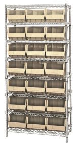 The Quantum Bin Wire Shelving System measures 36W x 18D x 74H, features a chrome-plated finish, and supports up to 800 lbs per shelf. It includes eight shelves and 21 QUS255 ivory bins with open fronts for easy organization.