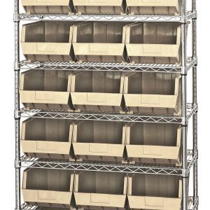 The Quantum Bin Wire Shelving System measures 36W x 18D x 74H, features a chrome-plated finish, and supports up to 800 lbs per shelf. It includes eight shelves and 21 QUS255 ivory bins with open fronts for easy organization.