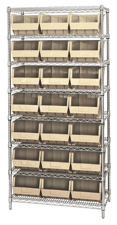 The Quantum Bin Wire Shelving System measures 36W x 18D x 74H, features a chrome-plated finish, and supports up to 800 lbs per shelf. It includes eight shelves and 21 QUS255 ivory bins with open fronts for easy organization.