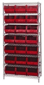 Introducing the Quantum Bin Wire Shelving System, 36W x 18D x 74H. This sleek unit features a chrome-plated finish with eight sturdy shelves and includes 21 Qus255 red bins, holding up to 800 lbs per shelf for a uniform appearance. Shipped KD.