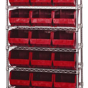 Introducing the Quantum Bin Wire Shelving System, 36W x 18D x 74H. This sleek unit features a chrome-plated finish with eight sturdy shelves and includes 21 Qus255 red bins, holding up to 800 lbs per shelf for a uniform appearance. Shipped KD.
