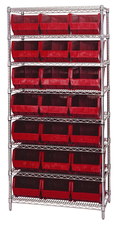 Introducing the Quantum Bin Wire Shelving System, 36W x 18D x 74H. This sleek unit features a chrome-plated finish with eight sturdy shelves and includes 21 Qus255 red bins, holding up to 800 lbs per shelf for a uniform appearance. Shipped KD.