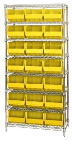 The Quantum Bin Wire Shelving System, 36W x 18D x 74H, has eight shelves that can each hold 800 lbs. It includes chrome-plated finish and comes with 21 QUS255 yellow bins, providing an organized storage solution.