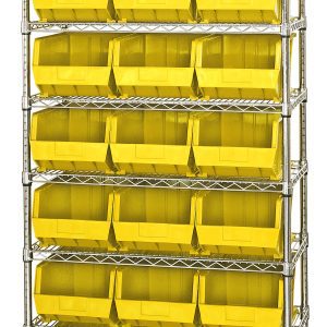The Quantum Bin Wire Shelving System, 36W x 18D x 74H, has eight shelves that can each hold 800 lbs. It includes chrome-plated finish and comes with 21 QUS255 yellow bins, providing an organized storage solution.