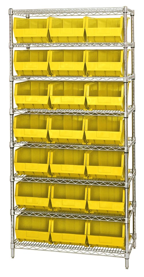 WR8-255_YL.jpg The Quantum Bin Wire Shelving System, 36W x 18D x 74H, has eight shelves that can each hold 800 lbs. It includes chrome-plated finish and comes with 21 QUS255 yellow bins, providing an organized storage solution.
