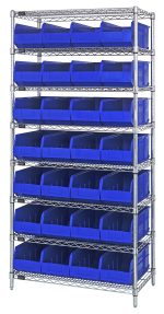 The Quantum Bin Wire Shelving System, 36W x 12D x 74H, supports up to 800 lbs per shelf and includes eight shelves with chrome finish. It comes with 28 open-front SSB423 blue bins for easy organization. Shipped KD, everything you need for effortless space management is included.