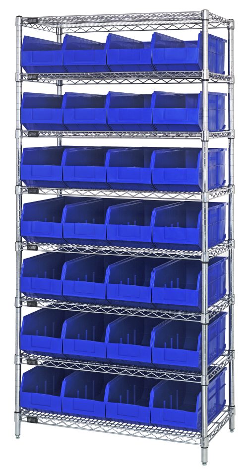 The Quantum Bin Wire Shelving System, 36W x 12D x 74H, supports up to 800 lbs per shelf and includes eight shelves with chrome finish. It comes with 28 open-front SSB423 blue bins for easy organization. Shipped KD, everything you need for effortless space management is included.