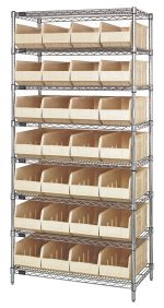 Robust Quantum Bin Wire Shelving System with dimensions of 36W x 12D x 74H, featuring eight shelves, each supporting up to 800 lbs and holding a total of twenty-eight SSB423 ivory bins. The chrome-plated finish and open-front bins make this system perfect for organizing small items.