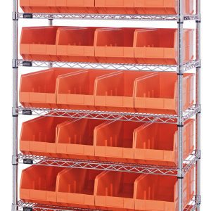 The Quantum Bin Wire Shelving System, 36W x 12D x 74H with eight shelves, supports up to 800 lbs per shelf and includes 28 orange SSB423 bins. Its robust design offers an efficient storage solution with a chrome-plated finish and ships knocked down (KD).