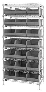 The Quantum Bin Wire Shelving System, measuring 36W X 12D X 74H, features a chrome-plated finish with eight shelves and includes 21 SSB425 gray bins. It offers an impressive load capacity of 800 lbs per shelf and is shipped KD for easy assembly.