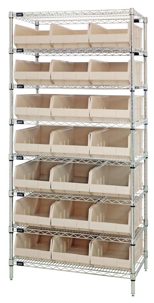 The Quantum Bin Wire Shelving System, measuring 36W x 12D x 74H, features eight chrome-plated shelves and includes 21 ivory bins. Each bins angled design and the durable metallic wire frame ensure easy access and sturdy organization. The unit supports up to 800 lbs per shelf and is shipped KD for easy assembly.