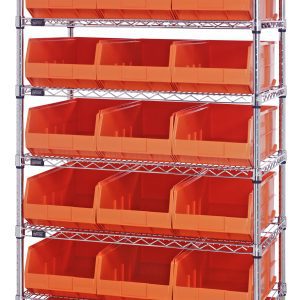The Quantum Bin Wire Shelving System, 36W x 12D x 74H, has an 800 lbs load capacity per shelf and includes eight shelves with 21 SSB425 orange bins. It features a chrome-plated finish and is designed for small to medium items in a neat grid pattern.
