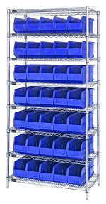 The Quantum Bin Wire Shelving System, measuring 36W x 14D x 74H, has a load capacity of 800 lbs per shelf and includes eight chrome-plated shelves with 35 SSB441 blue bins. This design provides robust storage solutions for any space.