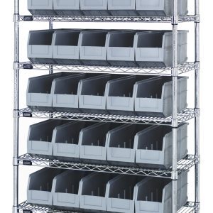 The Quantum Bin Wire Shelving System measures 36W x 14D x 74H with eight shelves, each holding SSB441 gray bins. Supported by four metal poles, it has a sleek chrome finish and boasts an 800 lbs load capacity per shelf for optimal organization.