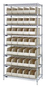 The Quantum Bin Wire Shelving System, measuring 36W x 14D x 74H, includes eight shelves and 35 ivory bins. Each chrome-plated shelf supports up to 800 lbs, ensuring a sturdy yet organized industrial look.