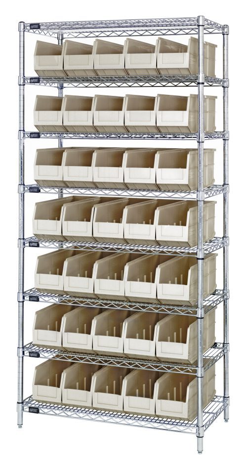 The Quantum Bin Wire Shelving System, measuring 36W x 14D x 74H, includes eight shelves and 35 ivory bins. Each chrome-plated shelf supports up to 800 lbs, ensuring a sturdy yet organized industrial look.