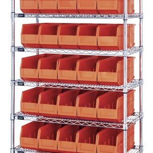 The Quantum Bin Wire Shelving System, measuring 36W x 14D x 74H, features eight chrome-plated shelves and accommodates 35 orange Ssb441 bins. Each shelf supports up to 800 lbs, ideal for organizing with sturdy metal construction.