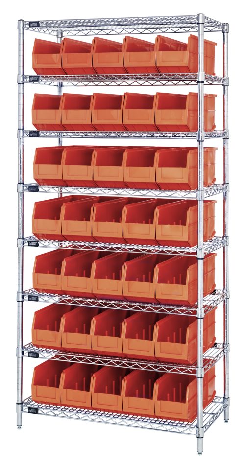The Quantum Bin Wire Shelving System, measuring 36W x 14D x 74H, features eight chrome-plated shelves and accommodates 35 orange Ssb441 bins. Each shelf supports up to 800 lbs, ideal for organizing with sturdy metal construction.