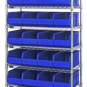 The Quantum Bin Wire Shelving System, chrome-plated and 74 tall, includes eight shelves each measuring 36W x 14D. It supports up to 800 lbs per shelf and comes with 28 blue Ssb443 bins.