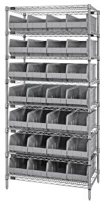 The Quantum Bin Wire Shelving System measures 36W x 14D x 74H, supports 800 lbs per shelf, features chrome plating, and holds eight shelves with 28 gray SSB443 bins. It is shipped KD for efficient assembly.