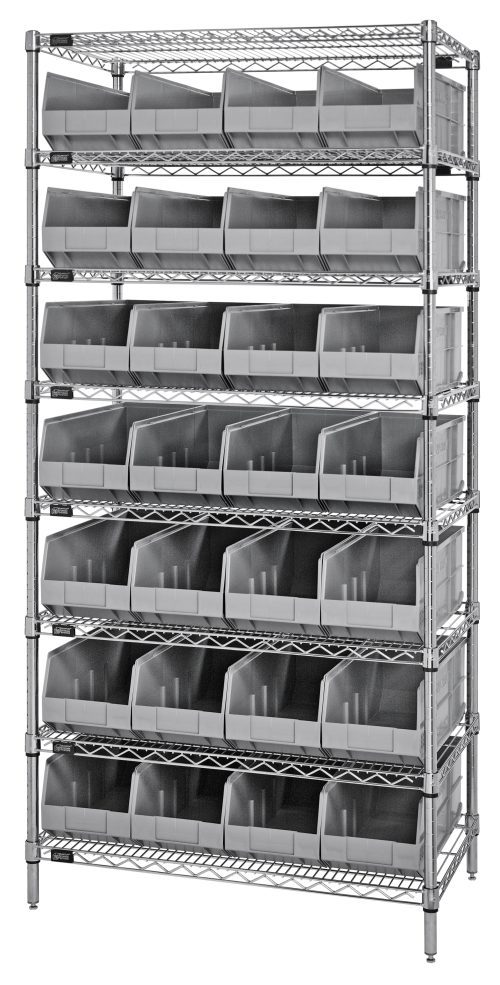 The Quantum Bin Wire Shelving System measures 36W x 14D x 74H, supports 800 lbs per shelf, features chrome plating, and holds eight shelves with 28 gray SSB443 bins. It is shipped KD for efficient assembly.