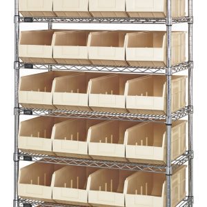 The Quantum Bin Wire Shelving System measures 36W x 14D x 74H, supports 800 lbs per shelf, includes eight shelves and 28 SSB443 ivory bins, with a chrome-plated finish and shipped KD.
