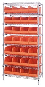 The Quantum Bin Wire Shelving System features eight shelves with a sleek chrome finish, measuring 36W x 14D x 74H. It supports up to 800 lbs per shelf and includes 28 Ssb443 orange bins, making it perfect for organizing small items in a stylish and efficient manner.