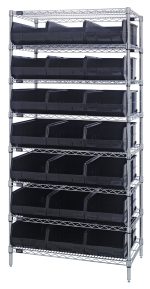 The Quantum Bin Wire Shelving System measures 36W x 14D x 74H, holds 800 lbs per shelf, features eight chrome-plated wire shelves, and includes 21 SSB445 black bins. It ships knocked down (KD) for organized storage.