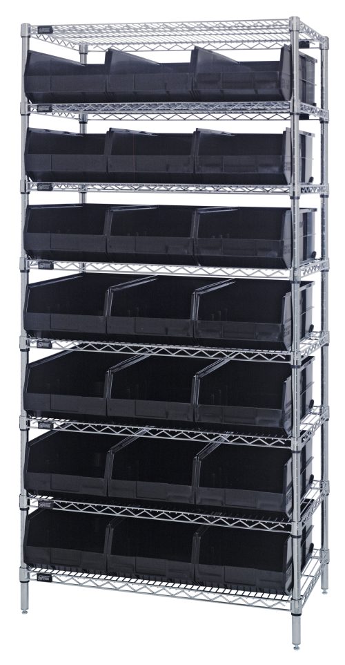 WR8-445_BK.jpg The Quantum Bin Wire Shelving System measures 36W x 14D x 74H, holds 800 lbs per shelf, features eight chrome-plated wire shelves, and includes 21 SSB445 black bins. It ships knocked down (KD) for organized storage.