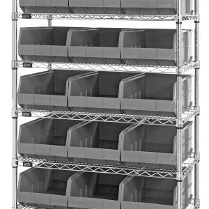 The Quantum Bin Wire Shelving System, 36W x 14D x 74H, has a chrome-plated finish with eight shelves and includes 21 SSB445 gray bins. This sleek unit combines style and functionality against a white background, offering an 800 lbs load capacity per shelf.