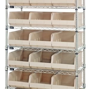The Quantum Bin Wire Shelving System, measuring 36W x 14D x 74H and finished in chrome, includes eight shelves with a grid-like design. Each shelf supports up to 800 lbs and holds 21 SSB445 ivory bins for open-topped storage, shipped KD.