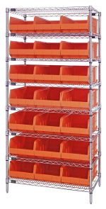 The Quantum Bin Wire Shelving System, measuring 36W x 14D x 74H, with a chrome finish, includes eight shelves and 21 SSB445 orange bins. Each shelf supports up to 800 lbs and the unit offers open-front bins for easy access against a plain background. Ships KD.