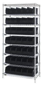 The Quantum Bin Wire Shelving System, 36W x 18D x 74H, features a chrome-plated finish with eight shelves and includes 35 SSB461 black bins. Each shelf holds up to 800 lbs and is shipped KD, ideal for efficient storage in streamlined spaces.