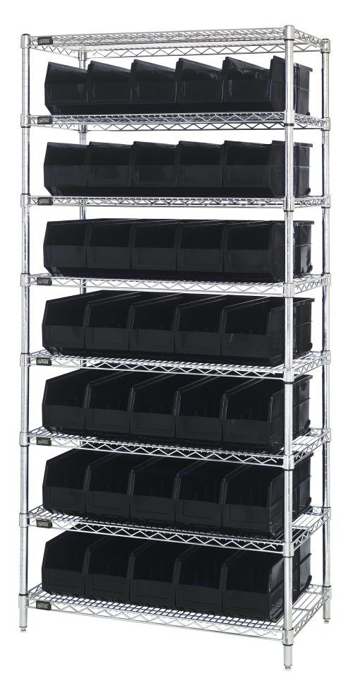 The Quantum Bin Wire Shelving System, 36W x 18D x 74H, features a chrome-plated finish with eight shelves and includes 35 SSB461 black bins. Each shelf holds up to 800 lbs and is shipped KD, ideal for efficient storage in streamlined spaces.