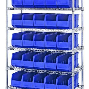 The Quantum Bin Wire Shelving System is a tall, 36W x 18D x 74H unit with a chrome-plated finish and eight shelves. Each shelf supports up to 800 lbs and includes 35 SSB461 blue bins, combining sturdy industrial design with efficient organization.