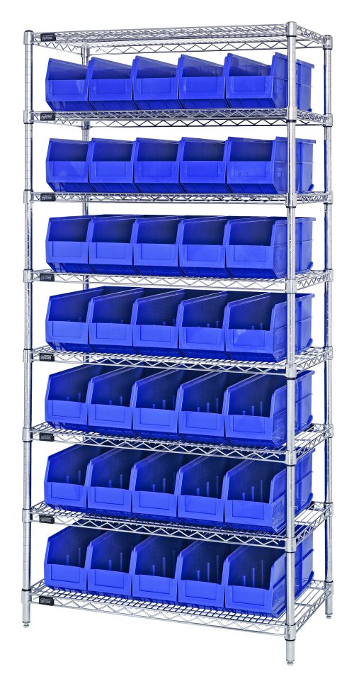 The Quantum Bin Wire Shelving System is a tall, 36W x 18D x 74H unit with a chrome-plated finish and eight shelves. Each shelf supports up to 800 lbs and includes 35 SSB461 blue bins, combining sturdy industrial design with efficient organization.