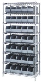 The Quantum Bin Wire Shelving System measures 36W x 18D x 74H, boasts eight shelves and 35 gray SSB461 bins, each shelf supporting up to 800 lbs. With a chrome-plated finish, this KD-shipped unit is ideal for organizing small items and shown against a white background.