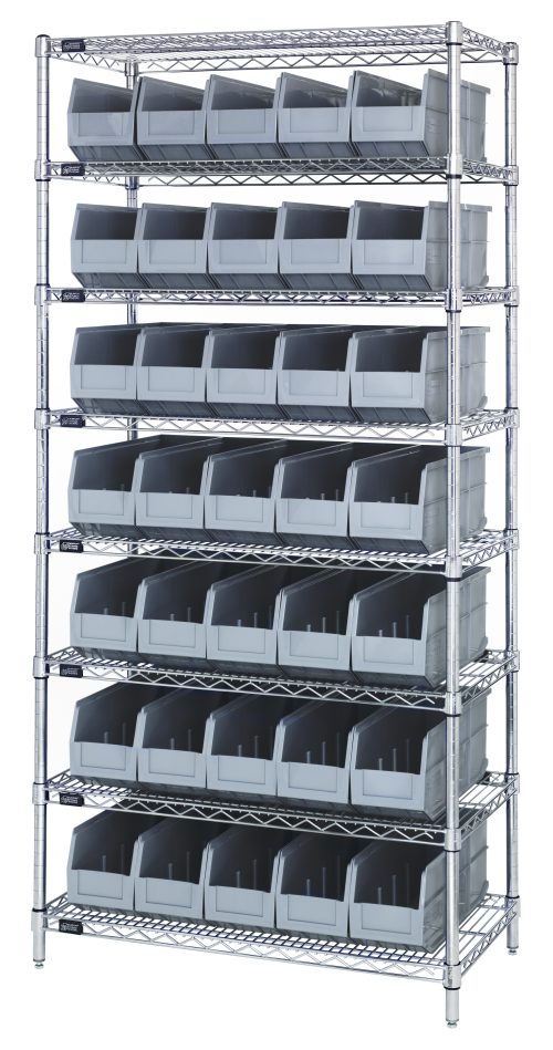 The Quantum Bin Wire Shelving System measures 36W x 18D x 74H, boasts eight shelves and 35 gray SSB461 bins, each shelf supporting up to 800 lbs. With a chrome-plated finish, this KD-shipped unit is ideal for organizing small items and shown against a white background.