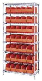 The Quantum Bin Wire Shelving System is a 36W x 18D x 74H unit with eight shelves, each supporting up to 800 lbs, and includes 35 Ssb461 orange bins. It features a chrome-plated finish and ships knocked down for easy assembly.