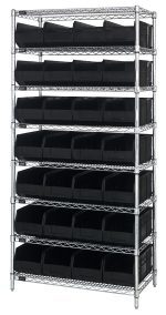 The Quantum Bin Wire Shelving System is a 36W x 18D x 74H unit with eight shelves and 28 SSB463 black bins. It features a chrome-plated finish, supports up to 800 lbs per shelf, has a sturdy wire-frame construction, and is shipped KD for easy assembly at home.